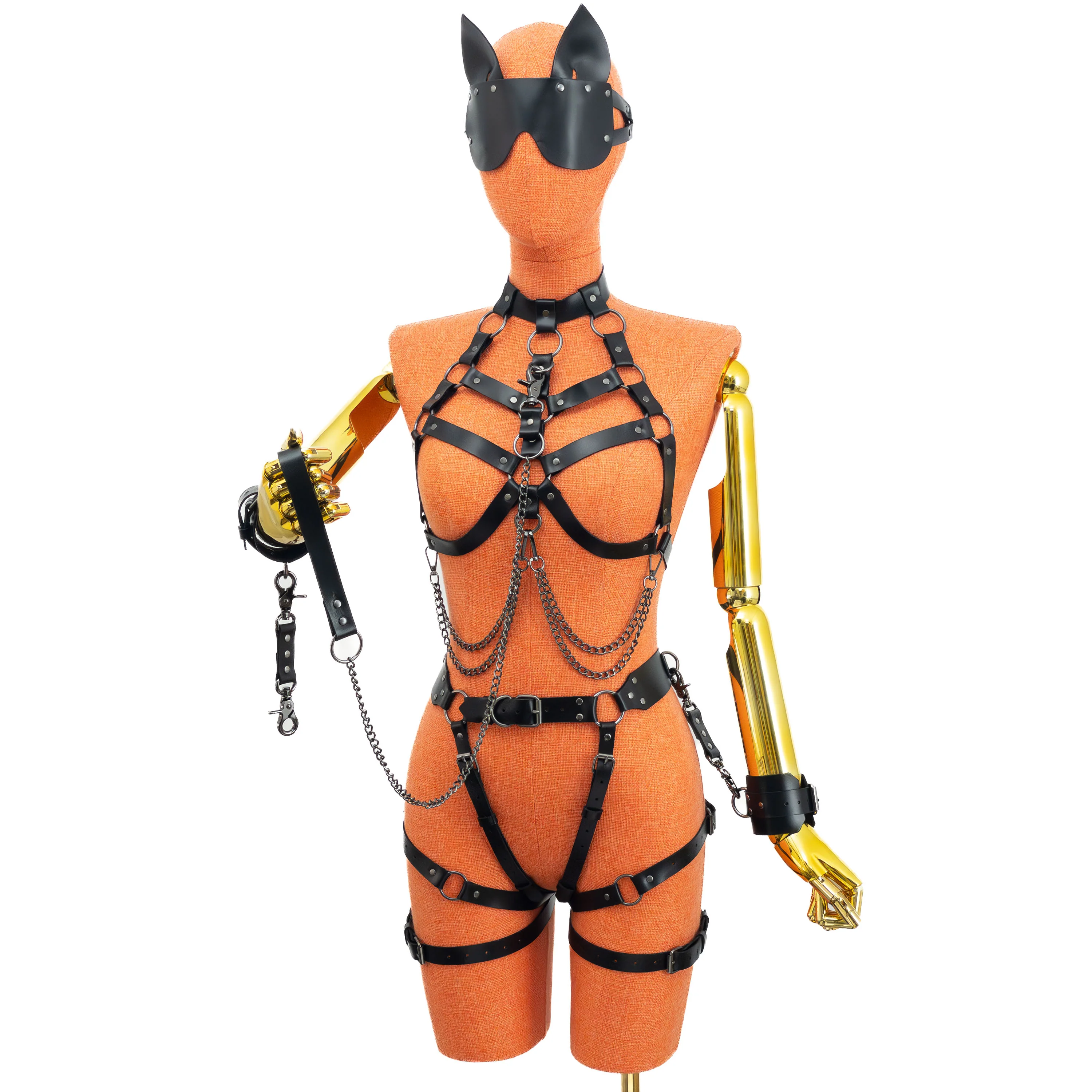 Leather Bondage Harness and Garter Set with Cat Blindfold, Cuffs and Leash