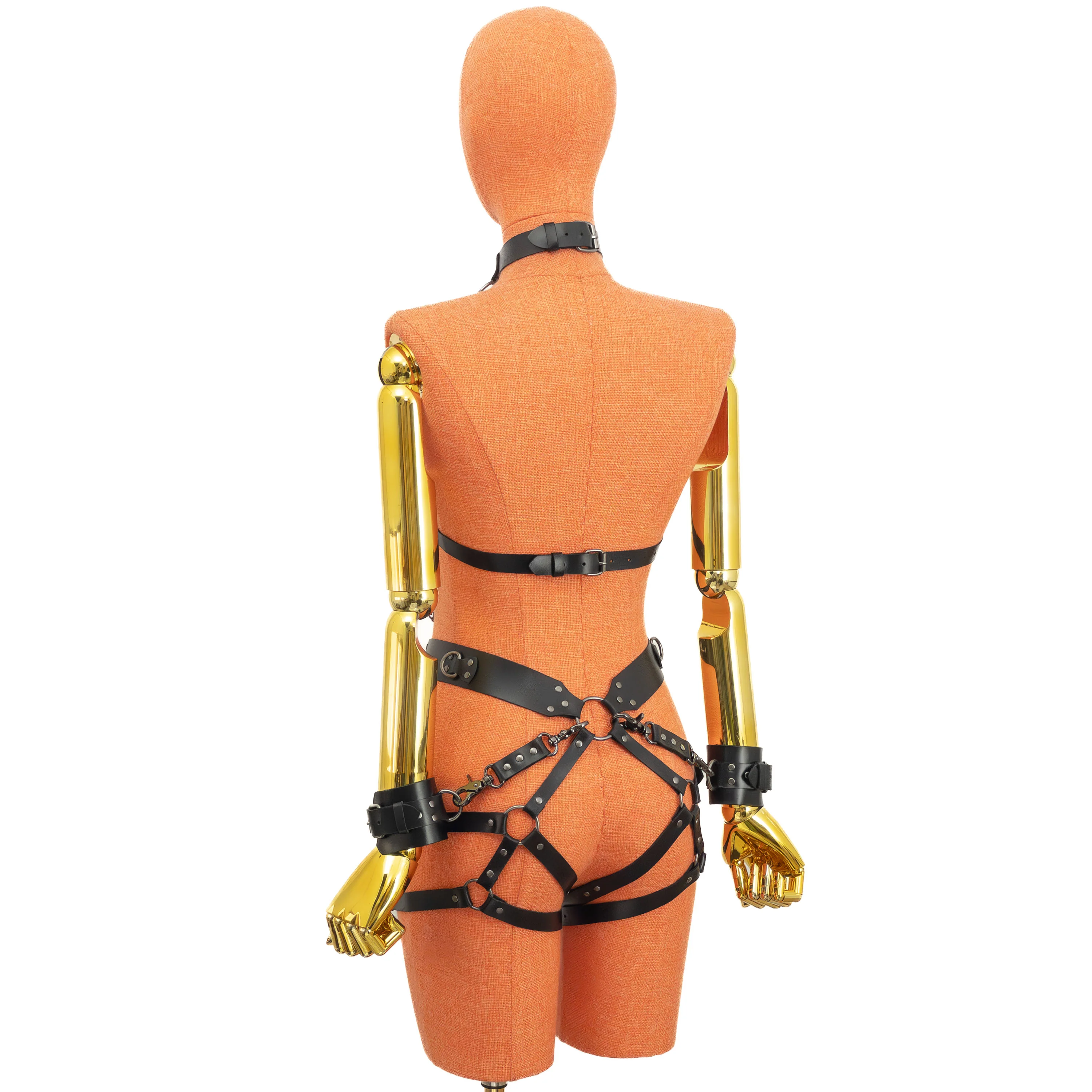 Leather Bondage Harness and Garter Set with Cat Blindfold, Cuffs and Leash - Image 10