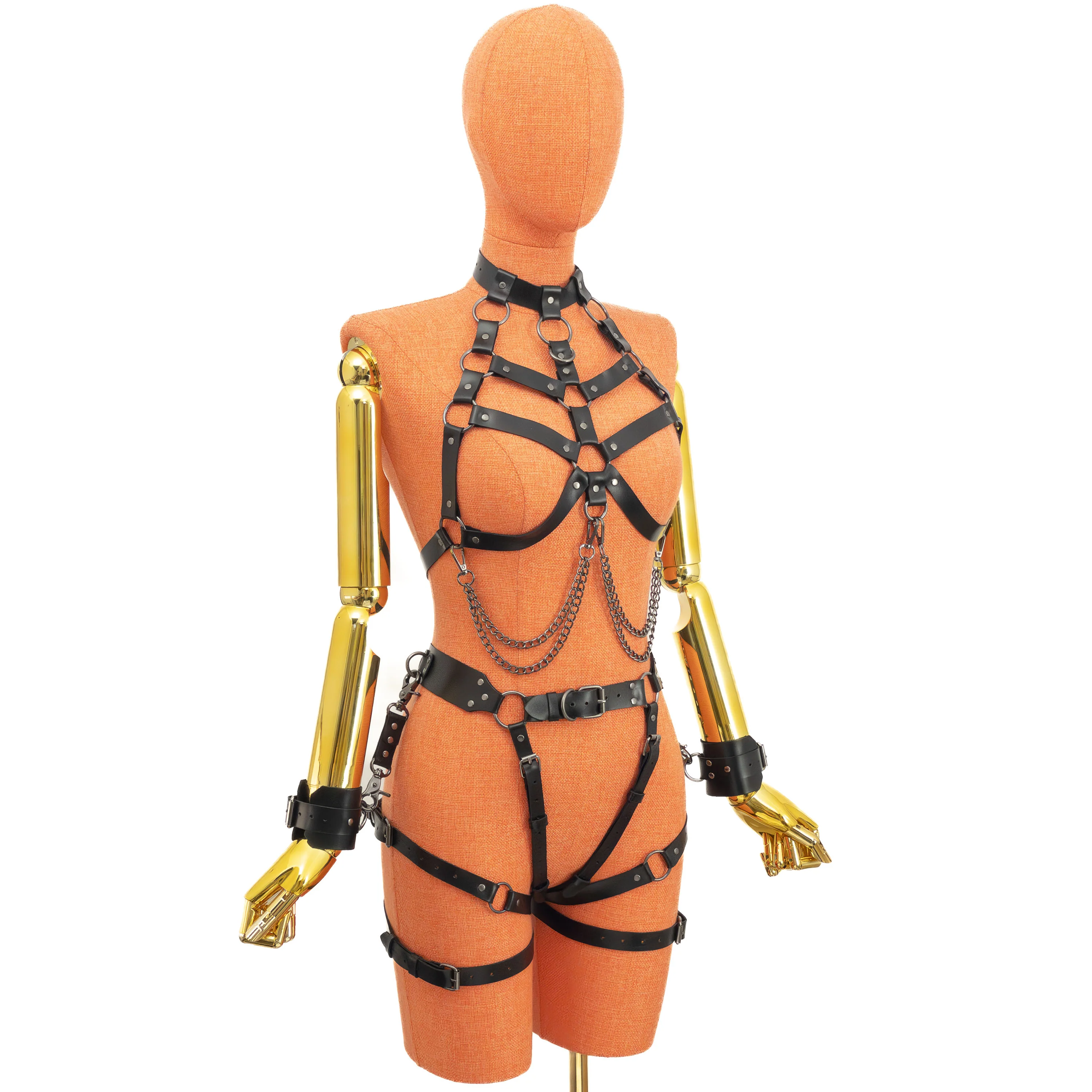 Leather Bondage Harness and Garter Set with Cat Blindfold, Cuffs and Leash - Image 11