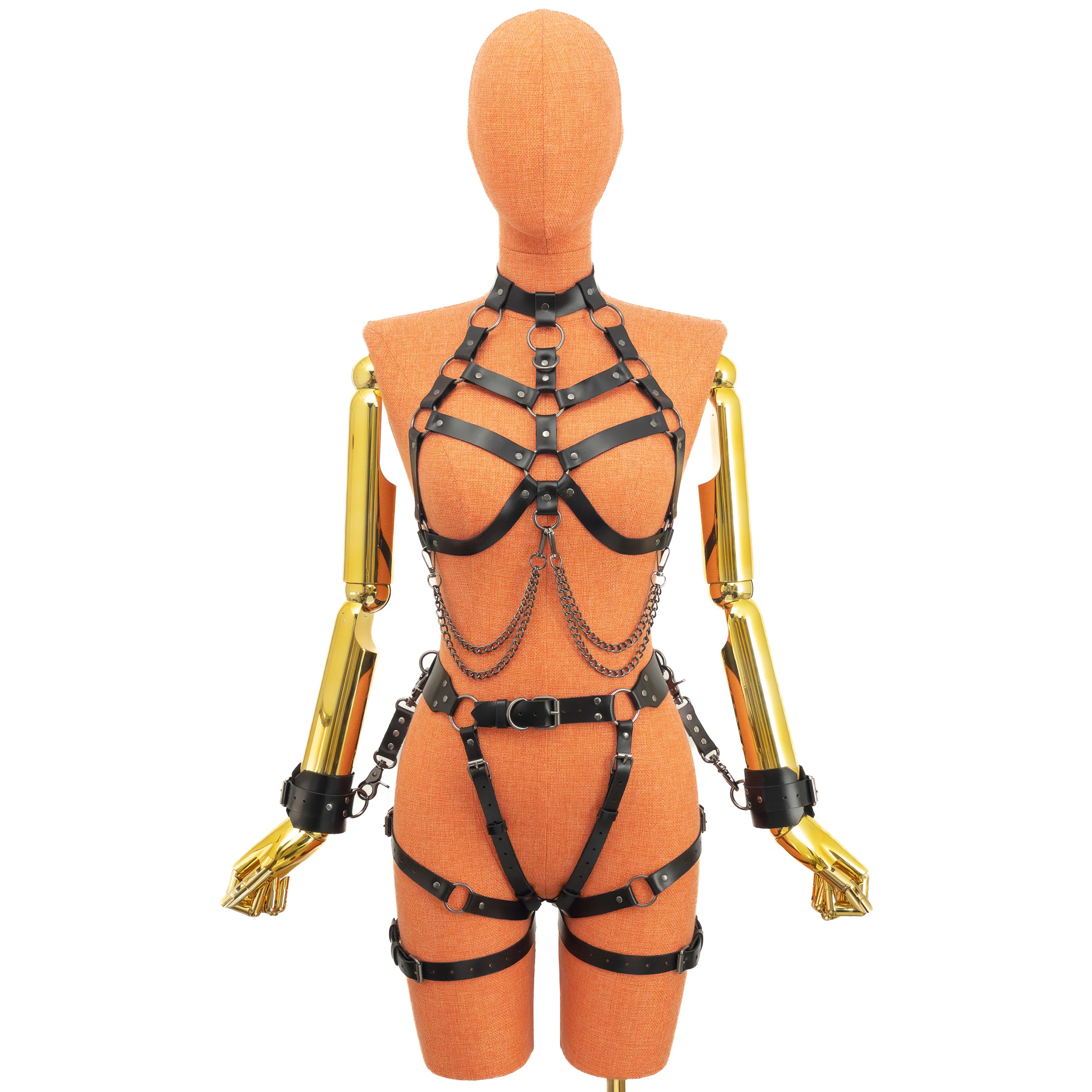 Leather Bondage Harness and Garter Set with Cat Blindfold, Cuffs and Leash - Image 3
