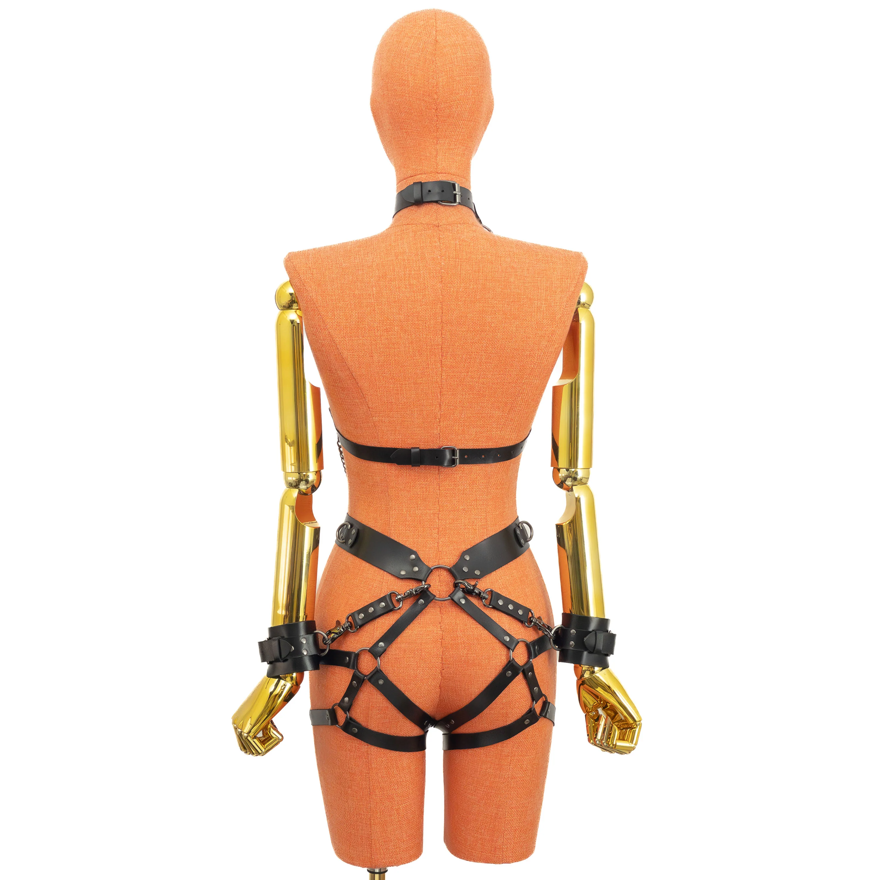 Leather Bondage Harness and Garter Set with Cat Blindfold, Cuffs and Leash - Image 5
