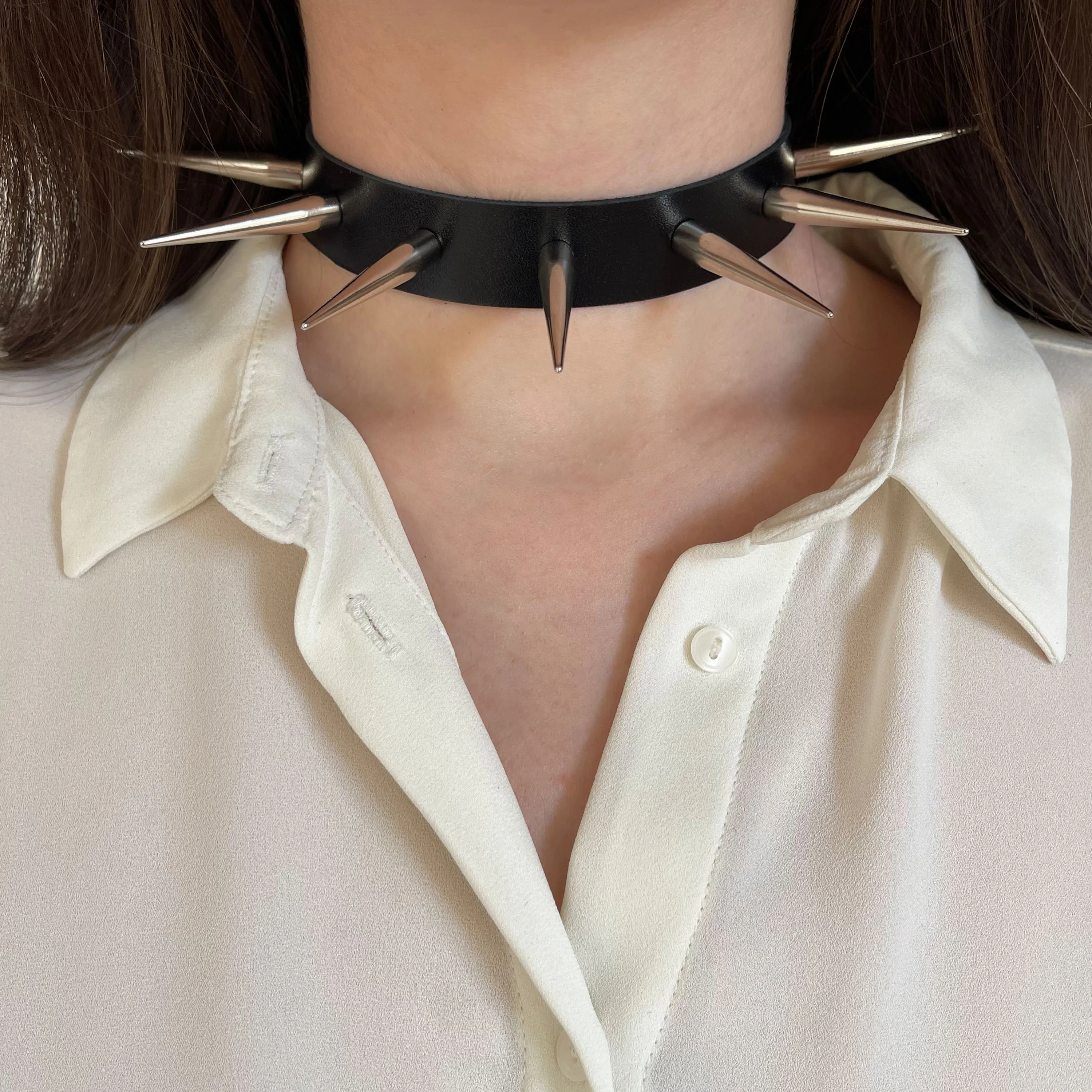 Leather Spiked Collar with Long Cone Spikes - Image 8