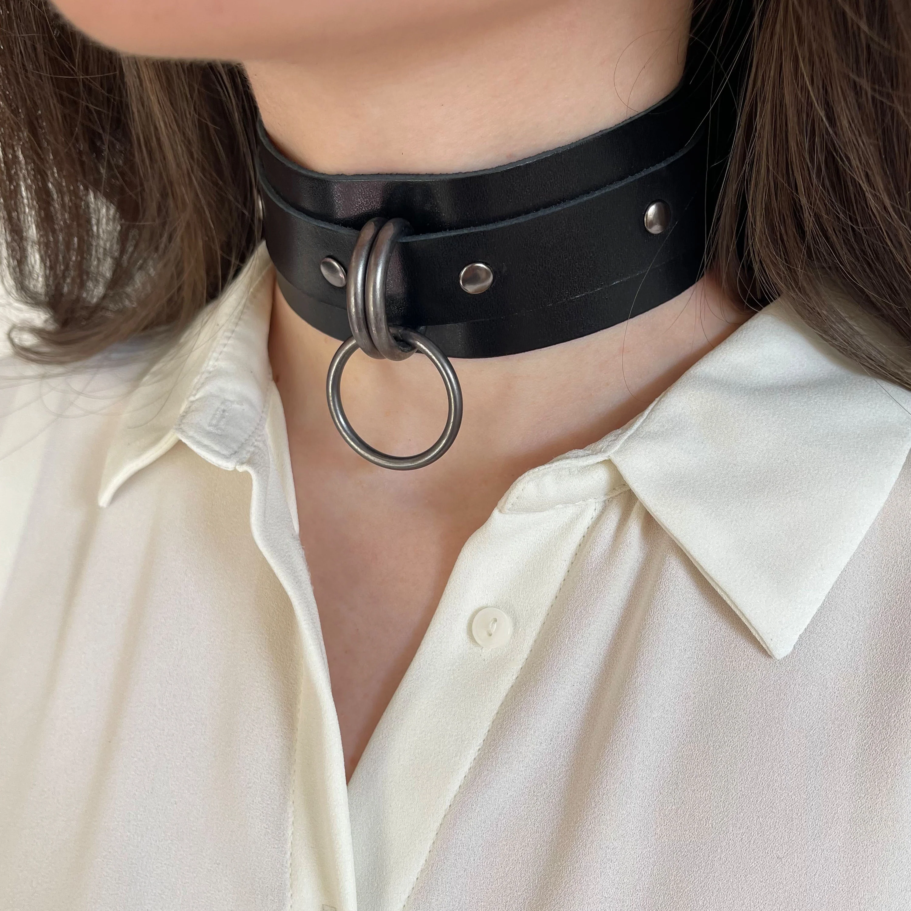 Wide Leather Choker with O-Ring and Double D-Rings - Image 5