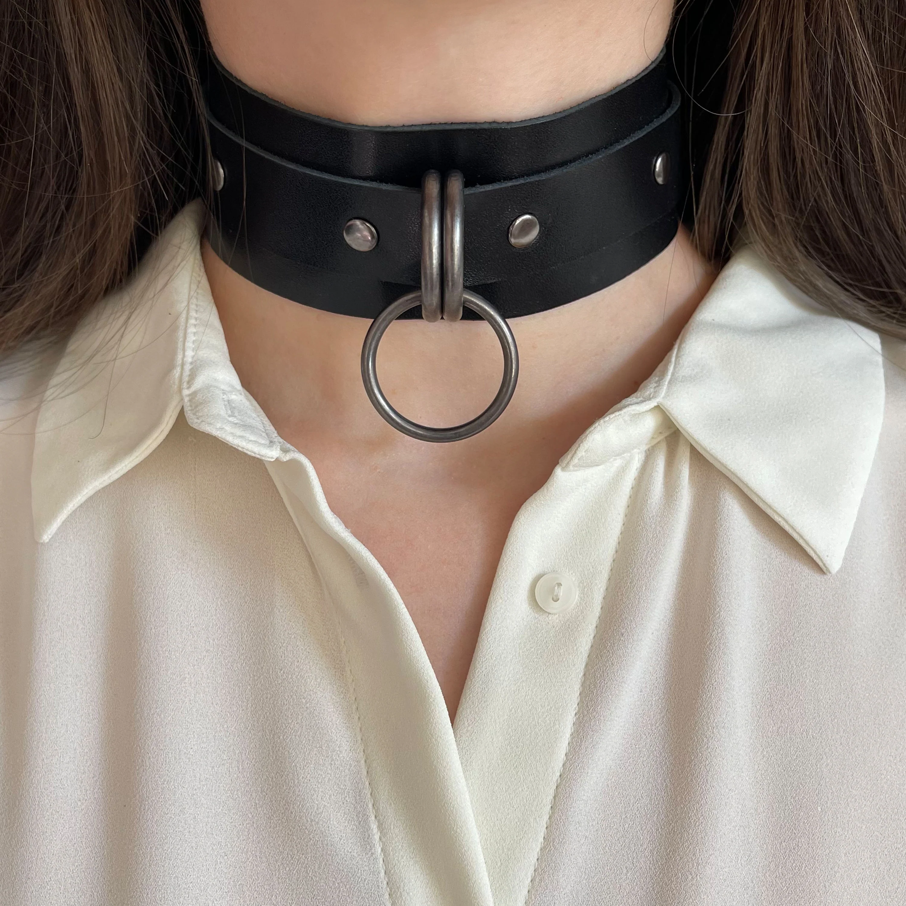 Wide Leather Choker with O-Ring and Double D-Rings - Image 6